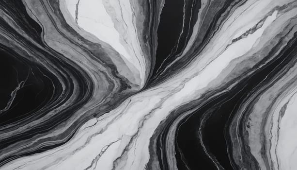 A close-up view of a black and white marble surface. The swirls and veins in the stone create a hypnotic pattern, resembling a flowing river or a celestial galaxy. The contrast between the dark and light tones is striking, giving the image a sense of depth and dimension.