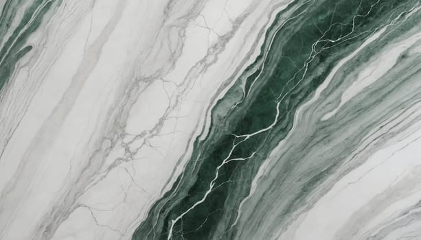 A close-up view of a smooth marble surface, revealing intricate patterns of swirling veins in shades of deep emerald green and soft white. The veins meander across the surface, creating an abstract, organic design.