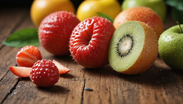 A vibrant mix of ripe fruits, including strawberries, kiwi, and apples, are artfully arranged on a weathered wooden surface. The natural light casts a warm glow on the glossy surfaces, highlighting the freshness and juiciness of the fruit.