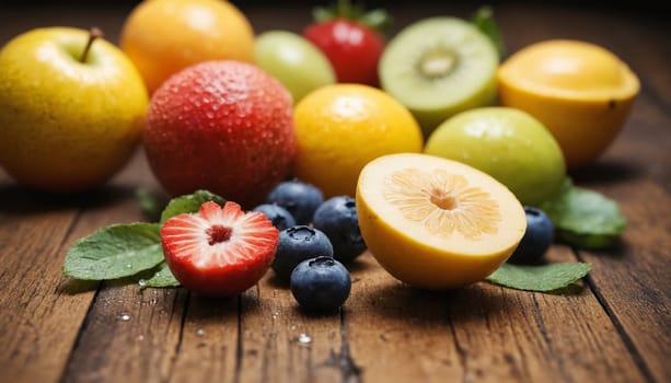 A collection of fresh fruits sits on a wooden table, bathed in natural light. A bright red grapefruit is sliced in half, showcasing its vibrant interior. A yellow citrus fruit, a green apple, and plump strawberries complete the arrangement, all resting on a surface weathered by time. Green leaves add a touch of nature to the scene.
