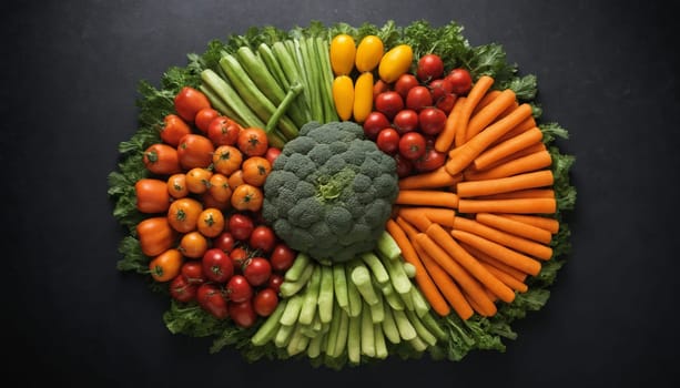 A circular platter of fresh vegetables arranged in a colorful pattern on a dark background. Tomatoes, carrots, celery, broccoli, and yellow peppers are carefully placed, creating a visually appealing and healthy snack or appetizer.