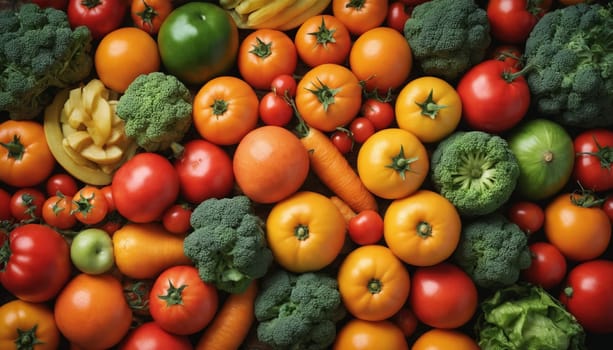 A vibrant and colorful array of red, orange, yellow, and green tomatoes and peppers. The various shades of the produce create a captivating visual experience, highlighting the natural beauty of these common vegetables. The image captures the freshness and variety of these ingredients, ripe for the taking.