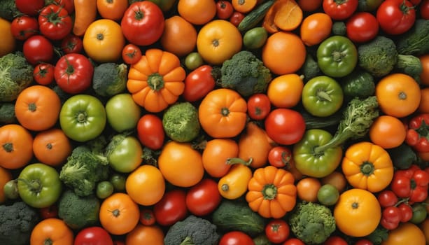 A vibrant and colorful array of red, orange, yellow, and green tomatoes and peppers. The various shades of the produce create a captivating visual experience, highlighting the natural beauty of these common vegetables. The image captures the freshness and variety of these ingredients, ripe for the taking.