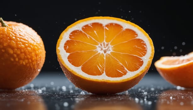 A perfectly sliced orange hovers in mid-air above a dark surface, with water droplets suspended around it. The bright orange flesh of the fruit is visible, with a small, white core at the center. A whole orange lies in the background, adding to the image's sense of vibrancy and freshness.
