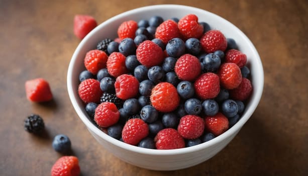 A white bowl filled to the brim with a medley of plump red raspberries and juicy blueberries sits on a rustic wooden surface. A few berries have spilled out, suggesting they were recently picked.
