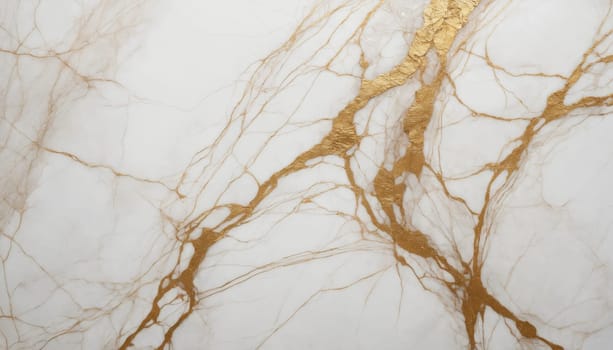 A close-up shot of a white marble surface with intricate golden veins, creating a luxurious and elegant background.