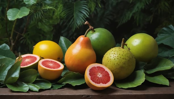 A vibrant assortment of tropical fruits, including grapefruits, a pear-shaped fruit, and two types of green citrus fruits, rests on a wooden table surrounded by lush green leaves. The bright colors of the fruit contrast beautifully with the deep green foliage, creating a visually stunning and inviting scene.
