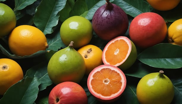A vibrant assortment of tropical fruits, including grapefruits, a pear-shaped fruit, and two types of green citrus fruits, rests on a wooden table surrounded by lush green leaves. The bright colors of the fruit contrast beautifully with the deep green foliage, creating a visually stunning and inviting scene.