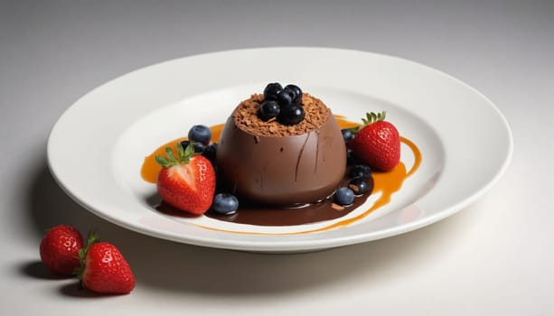 A white plate features a smooth, chocolate mousse dome topped with a scattering of blueberries and a sprinkle of cocoa. The mousse is surrounded by a pool of rich chocolate sauce, alongside sweet caramel swirls and fresh strawberries.