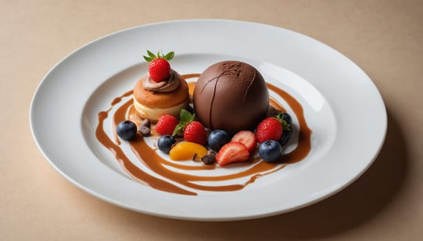 A white plate is artfully arranged with a chocolate sphere, a cream puff, fresh berries, and a drizzle of caramel sauce. The contrasting colors and textures create a visually appealing and tempting dessert.
