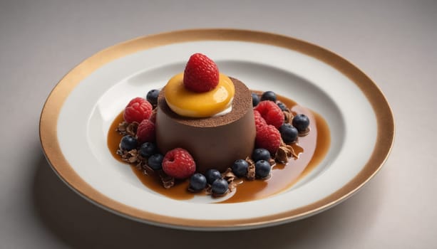 A single serving of rich chocolate pudding is artfully presented on a white plate. The pudding is topped with a medley of fresh berries, including strawberries and blueberries, and a drizzle of golden caramel sauce.