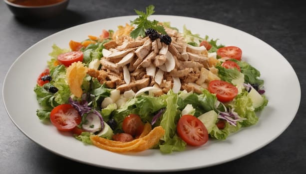 A white plate holds a vibrant and delicious chicken salad, featuring a mountain of shredded chicken, crisp lettuce, juicy tomatoes, and crunchy vegetables. The salad is garnished with fresh parsley and a sprinkle of black sesame seeds, adding a touch of elegance.