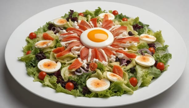 A white plate features a colorful salad with a unique arrangement. Smoked salmon is artfully arranged in a circle around a perfectly poached egg, while fresh lettuce, cherry tomatoes, and avocado slices create a vibrant, eye-catching composition.