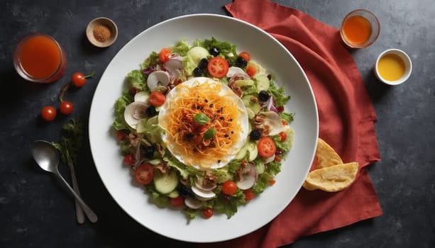 A white plate is adorned with a vibrant salad featuring fresh lettuce, colorful tomatoes, and crisp cucumbers. Atop the salad sits a crispy, golden topping with a sprinkle of fresh herbs, creating a tantalizing visual feast.