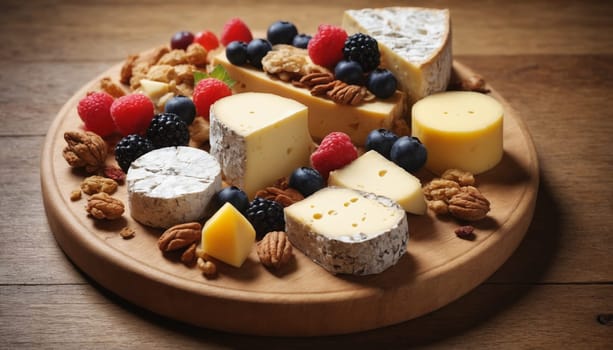 A wooden platter piled high with a variety of cheeses, including a creamy brie, a soft bloomy rind cheese, and a sharp cheddar, all surrounded by fresh raspberries, blueberries, blackberries, and pecan halves.