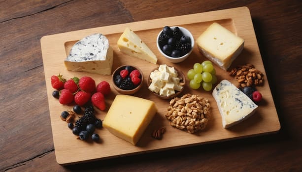A wooden board overflowing with a variety of cheeses, including brie and cheddar, is presented alongside a medley of fresh berries, including raspberries and blueberries. A generous scattering of almonds adds a crunchy textural element to this delightful appetizer spread.