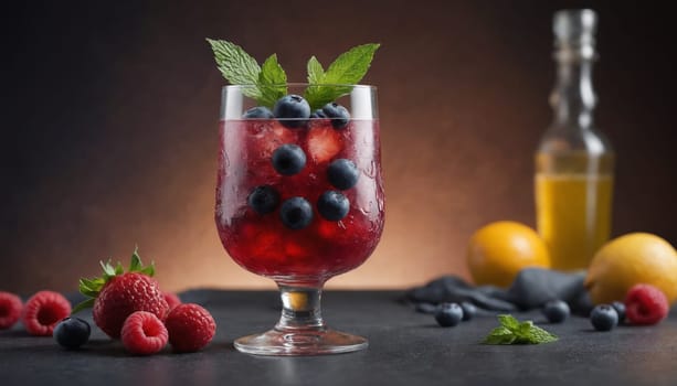 A glass of chilled berry cocktail, garnished with fresh mint leaves and raspberries, sits on a rustic wooden table. The drink is filled with ice and blueberries, creating a refreshing summer beverage.