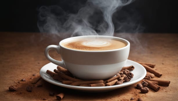 A white ceramic mug filled with coffee and topped with cinnamon sits on a saucer with cinnamon sticks and coffee beans. Steam rises from the hot coffee, creating a cozy and inviting atmosphere.