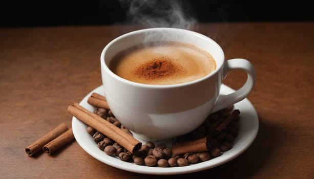 A white ceramic cup of steaming coffee sits on a white saucer surrounded by cinnamon sticks and coffee beans. The cup is filled with coffee and topped with a sprinkle of cinnamon. The coffee beans are scattered around the saucer and a few cinnamon sticks are placed on top. The scene is shot from a high angle, with a wooden table surface in the background.