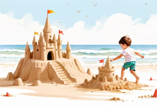 A young child builds a sandcastle on a sunny beach, with a larger sandcastle already constructed in the background - illustration - Generative AI