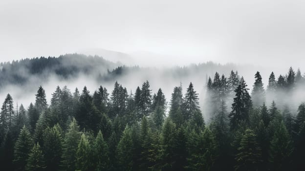Layers of forested hills shrouded in morning mist present a serene, monochromatic view - Generative AI