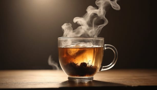 A steaming cup of tea sits on a wooden table, illuminated by warm light. The steam rises from the cup, creating a wispy haze. The tea is dark and rich, reflecting the light in a mesmerizing way.