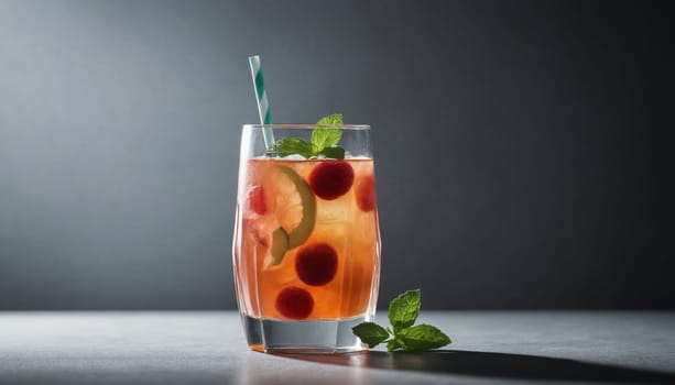 A glass of refreshing summer beverage filled with raspberries and lemon wedges, garnished with fresh mint leaves and a straw.