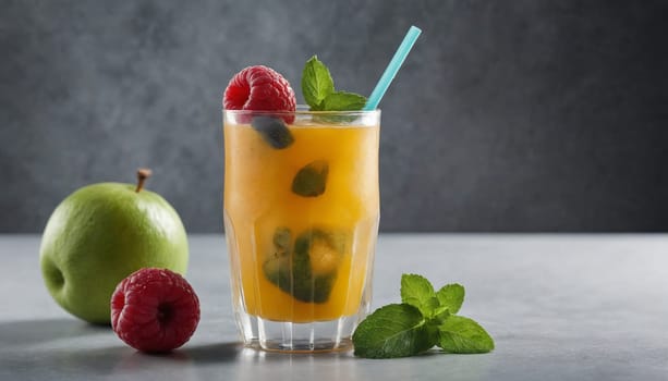 A refreshing summer cocktail in a glass with a red and white striped straw, garnished with fresh mint and berries. The drink is filled with ice and the glass sits on a white surface with a gray backdrop.