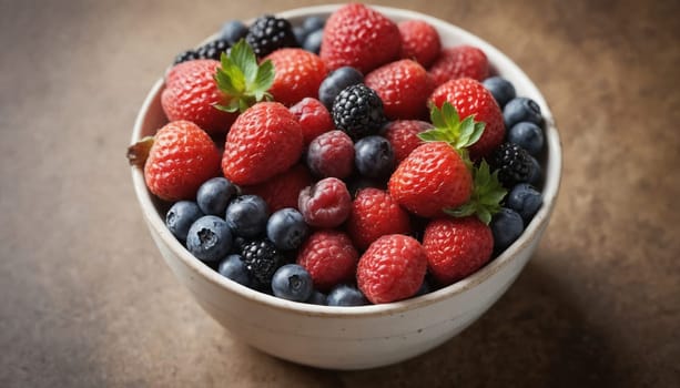 A white bowl brimming with a colorful array of fresh berries, including strawberries, raspberries, blueberries, and blackberries. The bowl rests on a rustic wooden surface with a few berries scattered around it, hinting at a delicious and healthy treat.