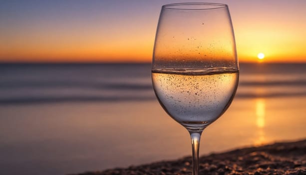 A glass of water sits on the beach, the setting sun reflected in the water and the glass. The scene is calm and serene, capturing the beauty of the evening sky.
