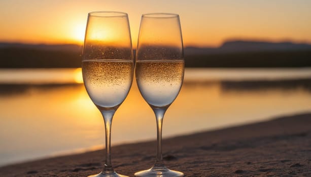 Two tall champagne flutes sit side by side on a sandy beach, their contents sparkling in the golden light of the setting sun. The water in the background reflects the vibrant hues of the sky as the sun dips below the horizon.
