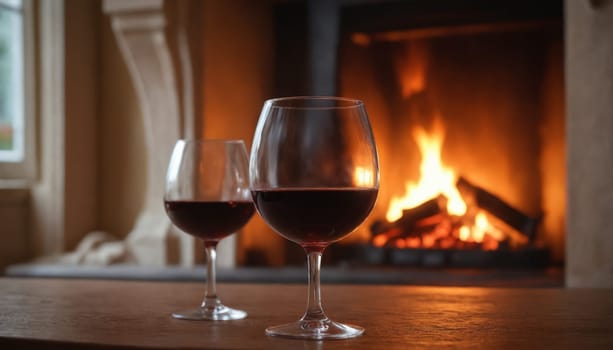 Two glasses of red wine sit on a wooden table in front of a roaring fireplace. The glasses are partially filled with wine, and the fireplace is glowing brightly, casting a warm light on the scene. A red napkin lies under the glasses, and a red blanket is draped over a nearby chair. The image evokes a sense of warmth, comfort, and relaxation.