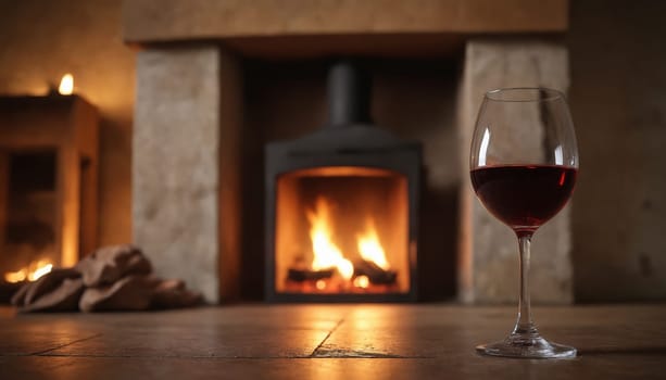 A glass of red wine sits on a wooden table in front of a crackling fireplace, inviting warmth and relaxation. A stack of firewood rests nearby, hinting at the comfort and ambiance of the setting.