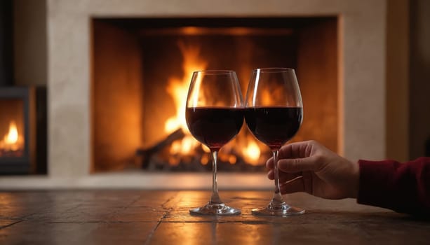 Two glasses of red wine are placed on a table in front of a roaring fireplace, with the warmth of the flames reflecting in the liquid and creating a cozy atmosphere. The person in the image is holding one of the glasses, ready to enjoy the evening's festivities.