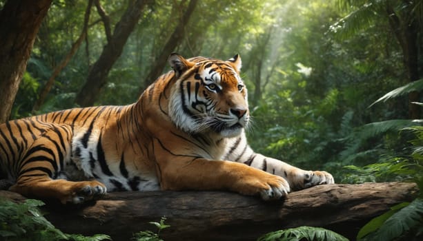 A magnificent tiger, with its striking orange and black stripes, lies peacefully on a fallen log in a dense, green jungle. Sunlight filters through the canopy, illuminating the tiger's fur and casting long shadows on the forest floor. The tiger's gaze is fixed on something in the distance, its powerful presence commanding respect and awe.