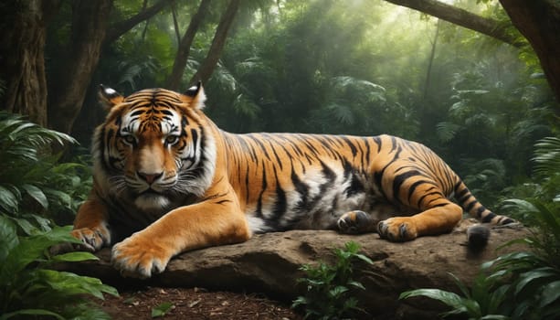 A magnificent tiger, with striking orange and black stripes, lies on a large rock in a dense jungle. The tiger's piercing gaze and powerful physique convey its dominance, while the surrounding lush foliage creates a sense of mystery and tranquility.