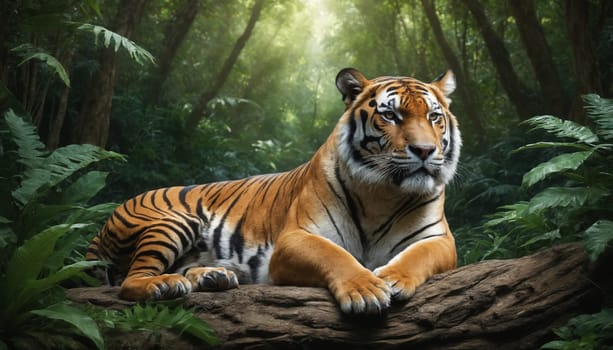A powerful tiger rests on a rocky outcropping amidst the dense foliage of a tropical rainforest. Its bright eyes, black stripes, and muscular body are striking against the vibrant green backdrop. The sun filters through the leaves, illuminating the tiger's coat with a warm glow.