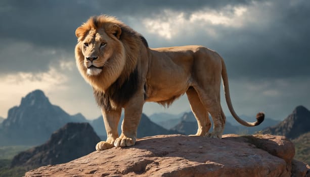 A large male lion with a thick mane stands on a rocky outcropping, gazing confidently out over a vast, mountainous landscape. The sky above is filled with dramatic, dark clouds, suggesting a coming storm, but the lion appears unfazed, radiating strength and power.