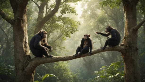 Three chimpanzees are perched on a branch in a dense rainforest, bathed in the soft light of dawn. The chimpanzee on the right is gesturing towards the middle chimpanzee, seemingly engaged in a conversation. The atmosphere is calm and serene, with the lush greenery of the rainforest creating a peaceful backdrop.