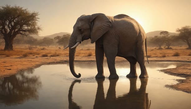 An African elephant stands in a shallow pool of water, its trunk reaching down to drink. The sun sets behind it, casting a warm glow over the landscape.