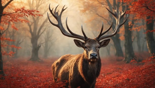 A large stag with impressive antlers stands proudly in the center of a misty, autumnal forest. The ground is covered in fallen leaves, and sunlight filters through the branches of the trees, creating a warm, ethereal glow. The stag appears to be alert and watchful, gazing intently at something in the distance.