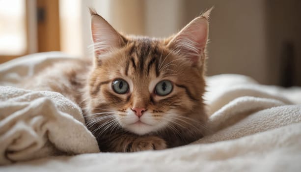 A ginger kitten, with bright green eyes, lays on a soft white bed, looking directly at the viewer with a curious expression. The kitten's fur is soft and fluffy, and its paws are tucked neatly underneath its body.