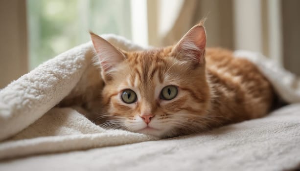 A tabby cat with striking green eyes relaxes on a soft, white blanket. The cat is partially covered by the blanket, creating a sense of cozy warmth. Sunlight streams through a nearby window, casting a golden glow over the scene.