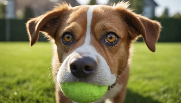 A golden dog stands on a patch of green grass, holding a green tennis ball in its mouth. The dog's eyes are wide and full of playful energy, looking directly at the viewer. The sunlight shines brightly on the dog's fur and the surrounding grass.