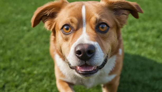 A golden brown dog with a white stripe down its nose stares intensely at the camera. Its brown eyes are wide with curiosity, and its mouth is slightly open, as if it is about to bark. The dog is standing on a lush green lawn, bathed in the warm sunlight of an afternoon.