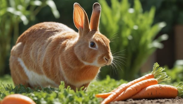 A fluffy, orange and white rabbit stands in a vibrant green garden, its long ears perked up and its eyes fixed on a pile of bright orange carrots. The rabbit's white fur contrasts beautifully with its orange coat, and the background is a blur of green foliage, creating a serene and inviting atmosphere.