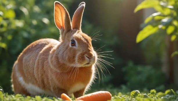 A fluffy brown rabbit with long ears sits in a garden among lush green plants. It has a curious expression on its face, with its whiskers twitching and its nose pointed towards the camera. Several orange carrots are resting on the ground nearby.