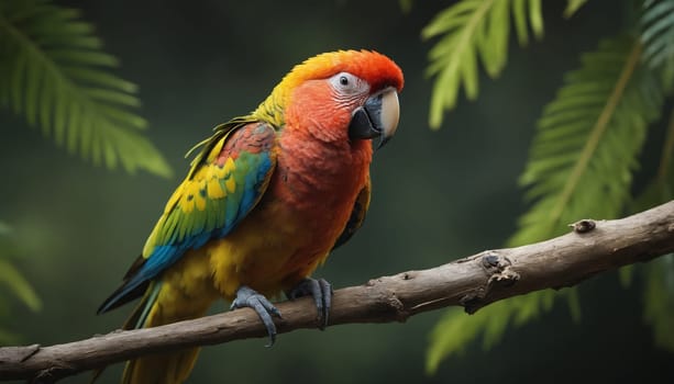 A vibrant macaw, adorned in a plumage of red, yellow, green, and blue, perches on a weathered branch amidst a backdrop of verdant foliage. The parrot's keen gaze is fixed on something in the distance, suggesting an awareness of its surroundings. The soft, diffused light casts a gentle glow on the bird, highlighting its intricate feathers.