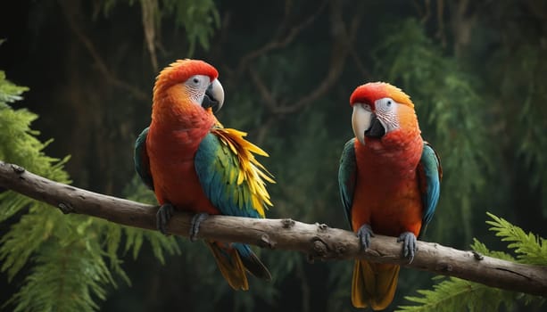 Two scarlet macaws with vibrant red, blue, green, and yellow plumage perch on a branch in a lush jungle setting. The macaws, with their bright, inquisitive eyes, are a striking contrast to the deep green foliage surrounding them.