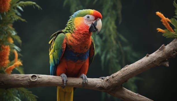 A vibrant macaw with a brilliant yellow, orange, and red plumage perches on a weathered branch, its blue and green wings folded neatly. The bird's intelligent eyes gaze thoughtfully as it sits amidst the lush green foliage of a tropical rainforest.